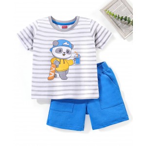 Babyhug 100% Cotton Knit Striped T-Shirt & Short Set Koala Print - Grey & Blue, 9-12m