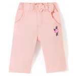 Babyhug Cotton Spandex Woven Mid Calf Capris with Floral Embroidery & Bow Applique - Peach, 2-3yr