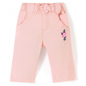 Babyhug Cotton Spandex Woven Mid Calf Capris with Floral Embroidery & Bow Applique - Peach, 2-3yr