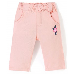 Babyhug Cotton Spandex Woven Mid Calf Capris with Floral Embroidery & Bow Applique - Peach, 4-5yr