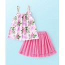 Babyhug 100% Cotton Knit Singlet Sleeves Top & Skirt Set Floral Print - Pink, 6-9m