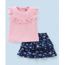 Babyhug 100% Cotton Knit Sleeveless Tops and Layered Skirt Set with Lace & Bow Detailing Floral Print, 12-18m