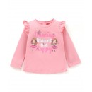 Babyhug Cotton Knit Full Sleeves T-Shirt with Frill Detailing Text Print - Pink, 6-9m