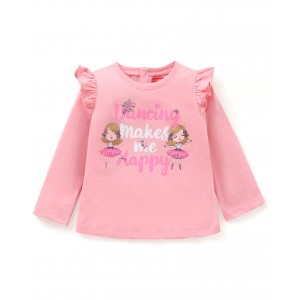 Babyhug Cotton Knit Full Sleeves T-Shirt with Frill Detailing Text Print - Pink, 6-9m
