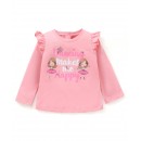 Babyhug Cotton Knit Full Sleeves T-Shirt with Frill Detailing Text Print - Pink, 12-18m