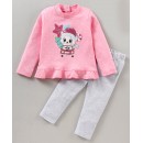 Babyhug 100% Cotton Full Sleeves Top and Lounge Pants Set Kitty Glitter  Print - Pink White Melange, 9-12m