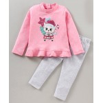 Babyhug 100% Cotton Full Sleeves Top and Lounge Pants Set Kitty Glitter  Print - Pink White Melange, 2-3yr