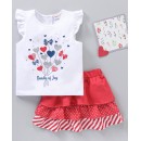 Babyhug Cotton Knit Short Sleeves Top & Skirt Heart Print - White Pink, 9-12m