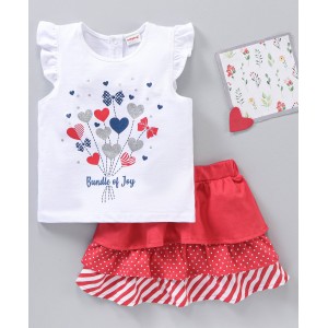 Babyhug Cotton Knit Short Sleeves Top & Skirt Heart Print - White Pink, 9-12m