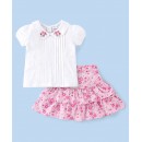 Babyhug 100% Cotton Knit Half Sleeves Top & Skirt Set Floral Print & Embroidery - White & Pink, 2-3yr