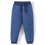 Babyhug Cotton Denim Full Length Stretchable Joggers Solid- Blue, 9-12m