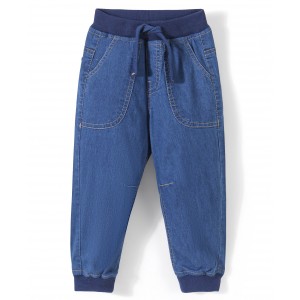 Babyhug Cotton Denim Full Length Stretchable Joggers Solid- Blue, 9-12m