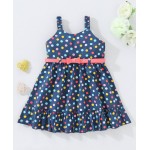 Babyhug 100% Cotton Sleeveless Frock With Belt Polka Dot Print- Blue, 9-12m