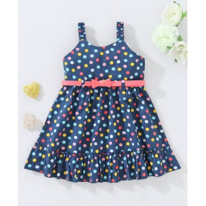 Babyhug 100% Cotton Sleeveless Frock With Belt Polka Dot Print- Blue, 12-18m