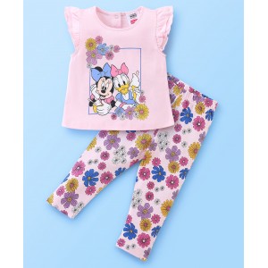 Babyhug 100% Cotton Knit Half Sleeves Top and Legging Set Minnie Mouse Print - Pink, 2-3yr