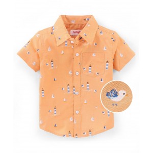 Babyhug 100% Cotton Half Sleeves Regular Collar One Pocket Shirt Bird Print - Peach, 9-12m