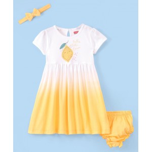 Babyhug 100% Cotton Knit Half Sleeves Frock With Bloomer & Headband Ombre Effect - Yellow, 18-24m