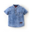 Babyhug 100% Cotton Washed Denim Half Sleeves Solid Kurta Shirt- Blue, 18-24m