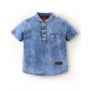 Babyhug 100% Cotton Washed Denim Half Sleeves Solid Kurta Shirt- Blue, 18-24m
