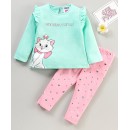 Babyhug Cotton Full Sleeves Top & Leggings Set Kitty & Glitter Print- Mint Pink, 9-12m