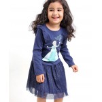Babyhug 100% Cotton Full Sleeves Princess Elsa Top & Glitter Embellished Skirt Set - Navy, 9-12m
