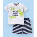 Babyhug Cotton Knit Half Sleeves Dino Printed T-Shirt and Striped Shorts Set - White Milange & Blue, 9-12m
