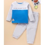 Babyhug 100% Cotton Full Sleeves T Shirt and Lounge Pant Text Print - Grey Blue, 9-12m
