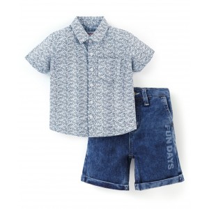 Babyhug Cotton Woven Half Sleeves Shirt and Denim Shorts Paisley Print - Blue & White, 18-24m