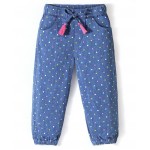 Babyhug Cotton Denim Full Length Stretchable Joggers With Polka Dots Print - Blue, 12-18m