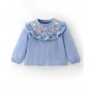 Babyhug 100% Cotton Full Sleeves Tee with Floral Print and Frill Detailing - Blue, 12-18m