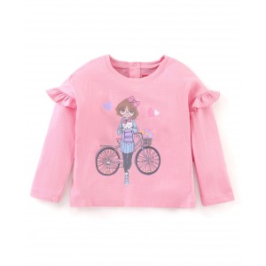 Babyhug Full Sleeves Tee with Graphics & Frill Detailing - Pink, 6-9m