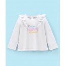 Babyhug 100% Cotton Knit Full Sleeves T-Shirt with Glitter Text Graphics & Frill Detailing - White, 6-9m