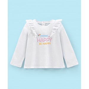 Babyhug 100% Cotton Knit Full Sleeves T-Shirt with Glitter Text Graphics & Frill Detailing - White, 6-9m