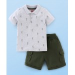 Babyhug 100% Cotton Jersey Half Sleeves T-Shirt & Shorts Set Plants Print - White & Olive Green, 4-5yr