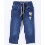 Babyhug Cotton Full Length Stretchable Jeans Bear Print - Blue, 18-24m