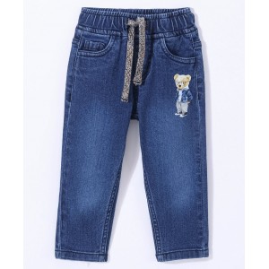Babyhug Cotton Full Length Stretchable Jeans Bear Print - Blue, 2-3yr
