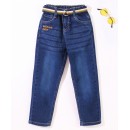 Babyhug Full Length Stretchable Washed Denim Jeans with Belt & Text Embroidery-Blue, 18-24m