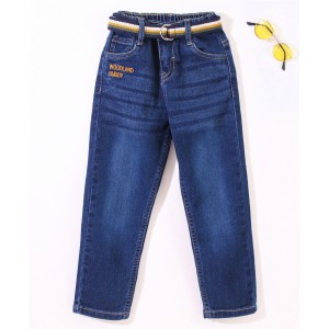 Babyhug Full Length Stretchable Washed Denim Jeans with Belt & Text Embroidery-Blue, 18-24m