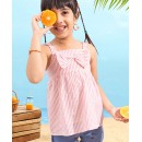 Babyhug Sleeveless Seer Sucker Woven Top With Stripes & Bow Detailing - Peach, 3-4yr