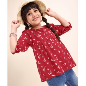 Babyhug Viscose Woven Three Fourth Sleeves Top With Frill Detailing Floral Print- Red, 6-9m