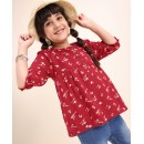 Babyhug Viscose Woven Three Fourth Sleeves Top With Frill Detailing Floral Print- Red, 18-24m