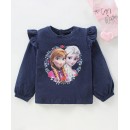 Babyhug Full Sleeves Cotton Tee With Frill Detailing Disney Anna & Elsa Graphics- Navy Blue, 9-12m