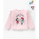 Babyhug Full Sleeves Cotton Tee With Frill Detailing Mickey & Minnie Mouse Graphics- Light Pink, 6-9m