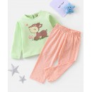 Babyhug Cotton Full Sleeves Night Suit Deer & Dots Print- Green & Peach, 18-24m