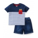 Babyhug Single Jersey Half Sleeves T-Shirt & Shorts With Striped Print - Navy Blue & White, 12-18m