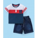Babyhug Cotton Half Sleeves T-Shirt & Shorts Set Stripes Print- Blue & Red, 4-5yr