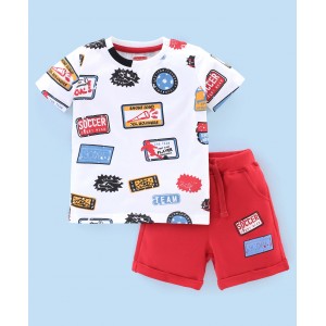 Babyhug 100% Cotton Knit Half Sleeves T-Shirt and Shorts Set Text Print - White & Red, 12-18m
