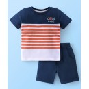 Babyhug 100% Cotton Knit Half Sleeves T-Shirt and Shorts Set Stripes & Cool Dude Print - Blue, 12-18m