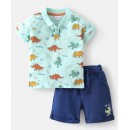 Babyhug 100% Cotton Half Sleeves T-Shirt & Shorts Set Dino Print- Green & Blue, 12-18m