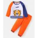 Babyhug 100% Cotton Knit Raglan Sleeves T-Shirt & Lounge Pant With Tiger Embroidery - Orange & White, 9-12m